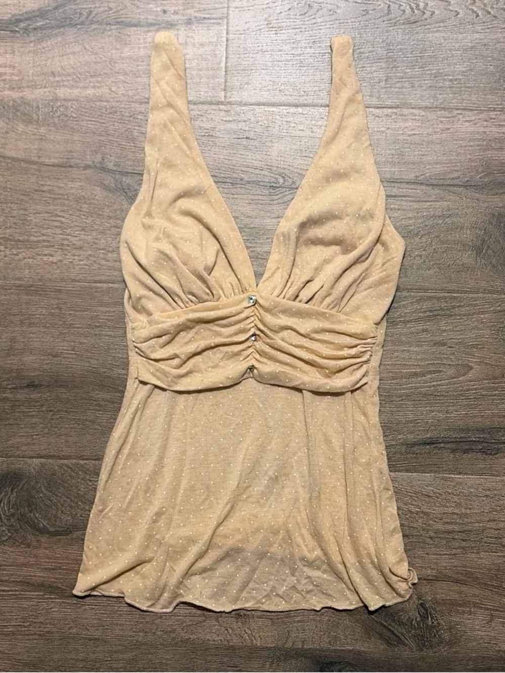 Vintage 2000s Tan Polka Dot Halter Top Rhinestone Detail Small